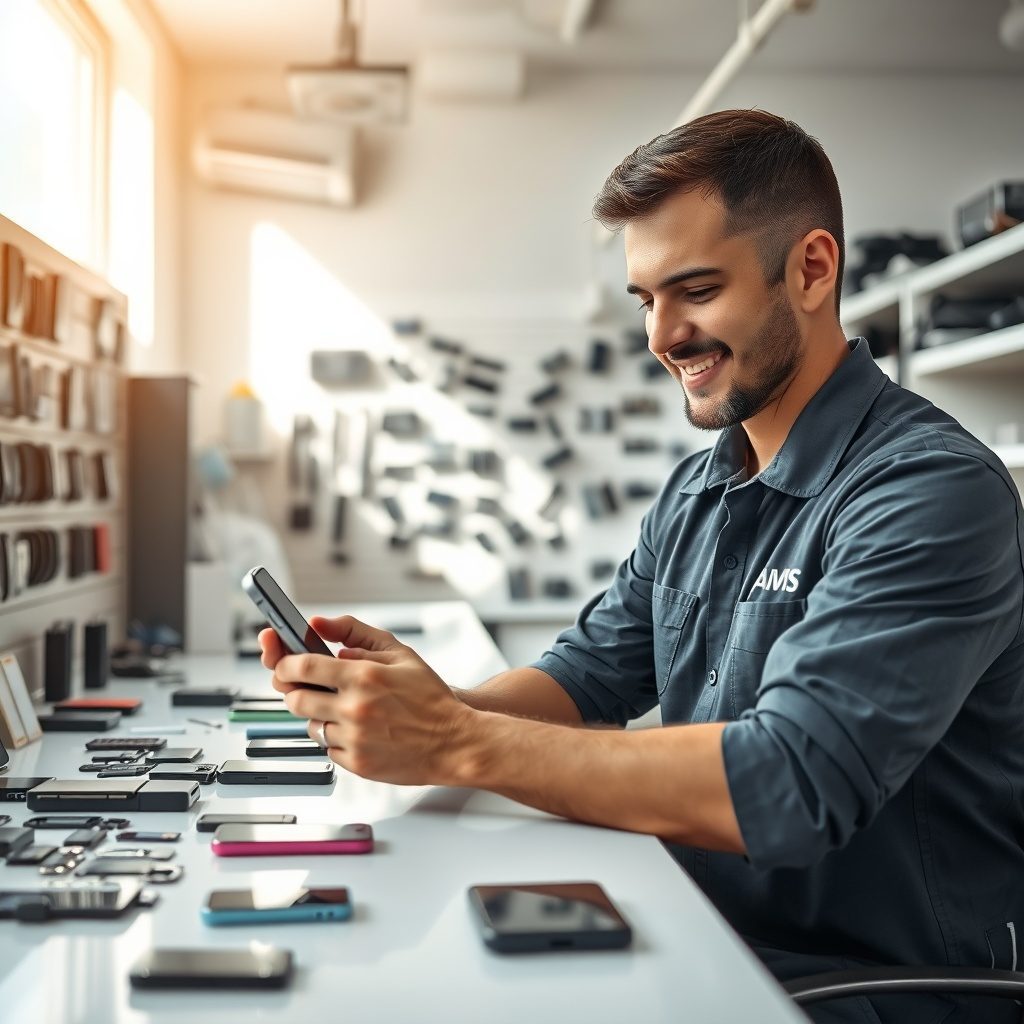 Técnico realizando substituição de tela em smartphone